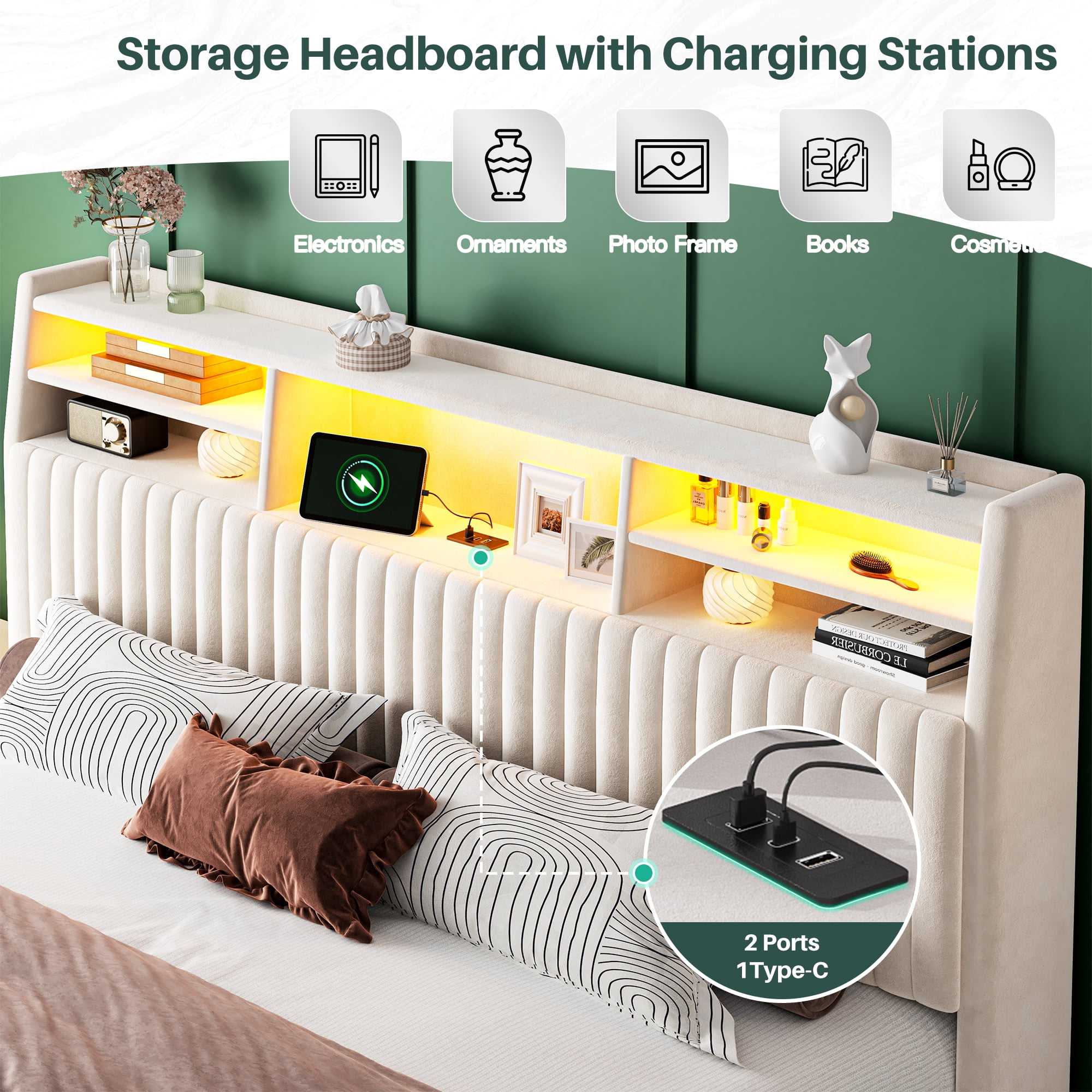 EnHomee King Size Bed Frame with 2-Tier Storage Shelf Upholstered Bed Frame with Headboard & LED Lights & Charge Station,Beige