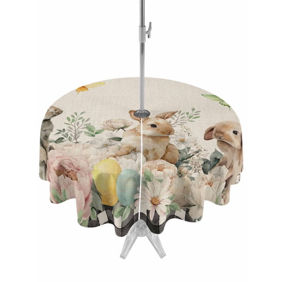 Easter Rabbit Outdoor Tablecloth - 54 Inch Round Dining Table Cover, Farmhouse Spring Botanical Flowers Eggs Grid Waterproof Outdoor Table Cloth with Umbrella Hole & Zipper for Picnic/Patio/Party