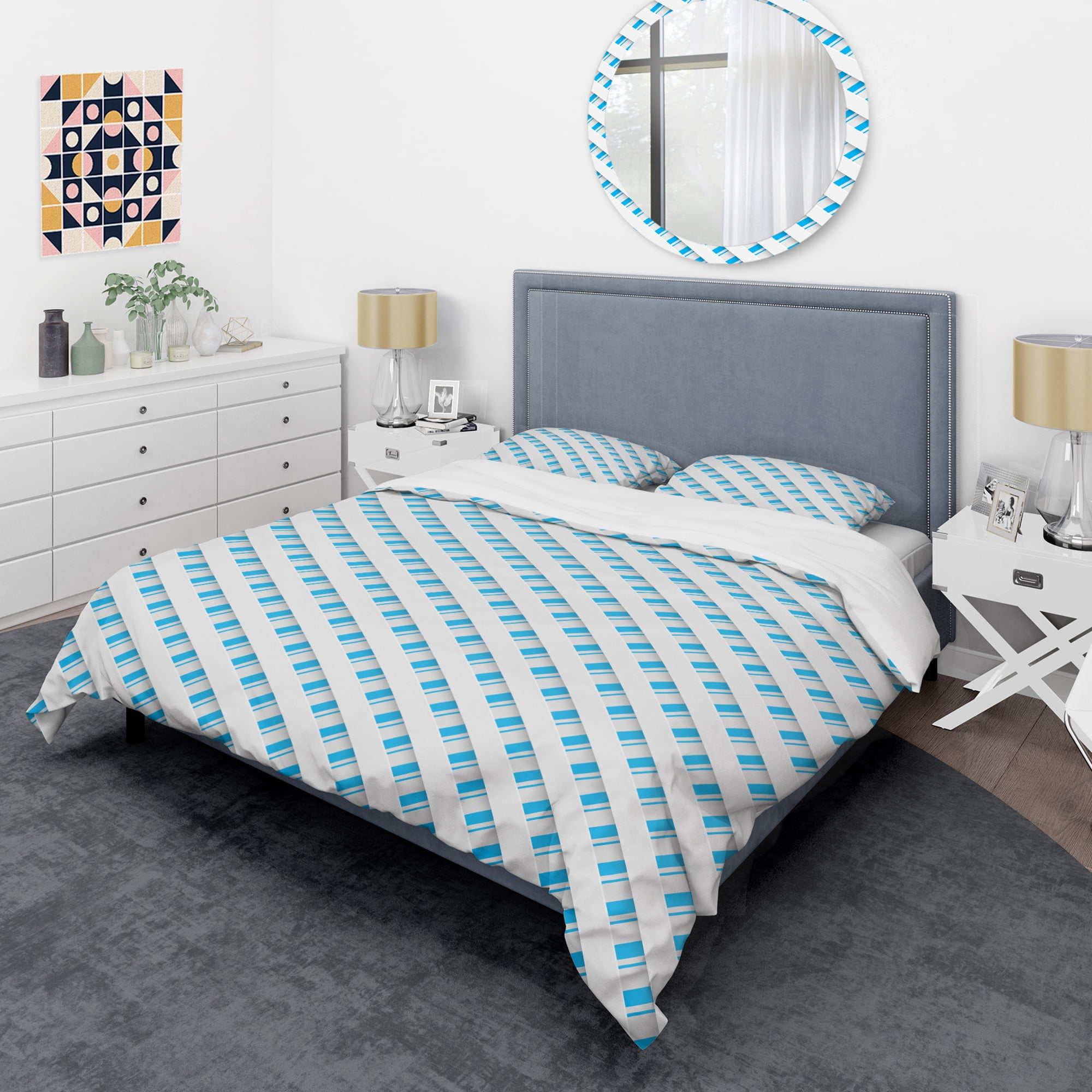 Designart '3D White And Blue Pattern VI' Mid-Century Modern Duvet Cover Set