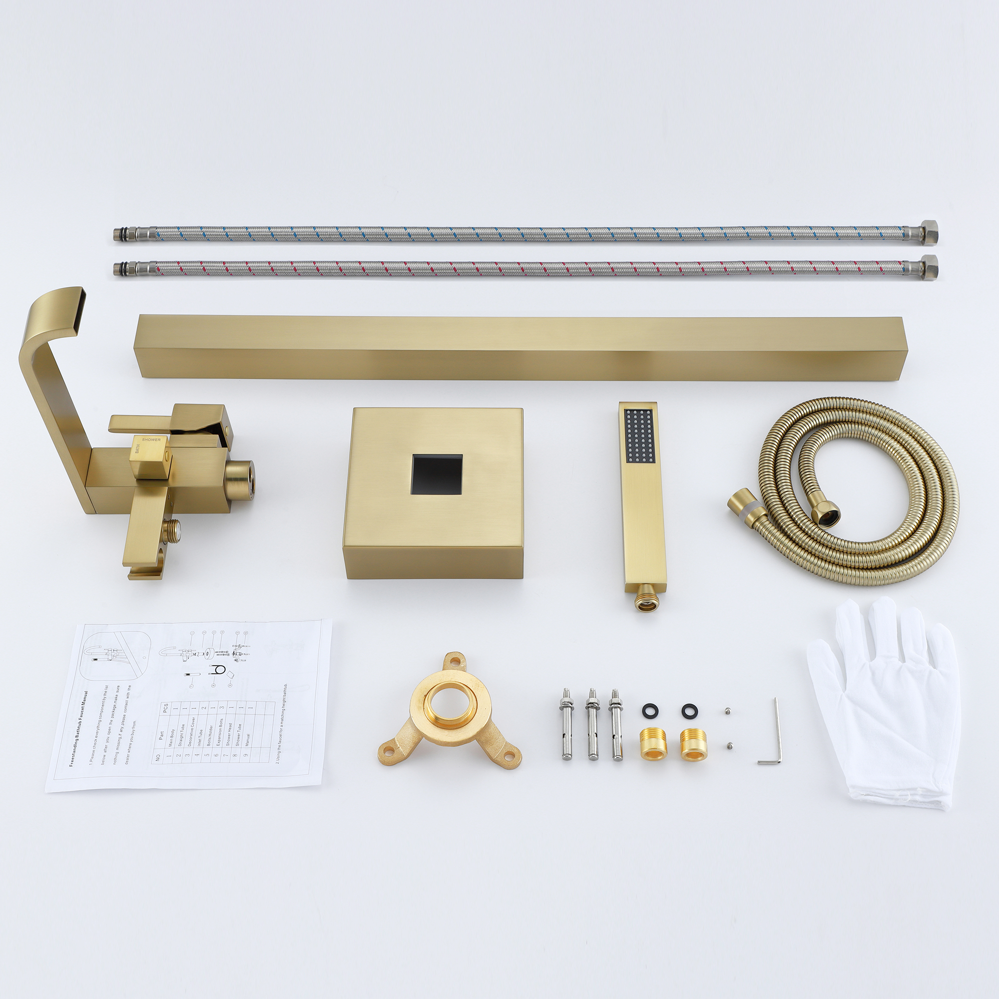 Wand Floor Mounted Bathroom Tub Filler with Hand Shower, Brass Freestanding Bathtub Faucet