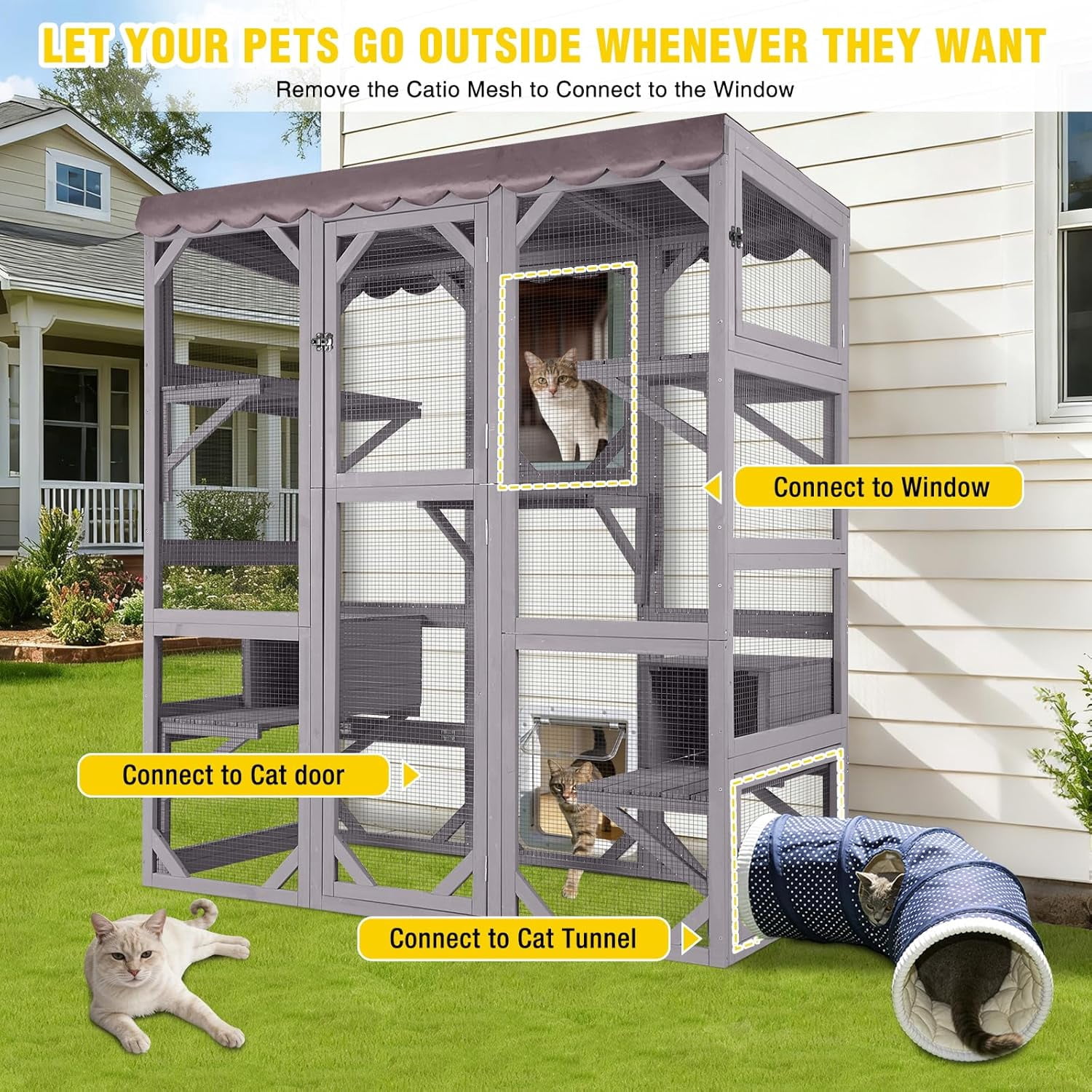 MEDEHOO Catio Cat Enclosure Large Window Cat House for Outdoor Cats, Walk-in Kitty Cage with Tarp Roof, 7 Platforms, 2 Resting Boxes, Indestructible Feral Cat Shelter for Backyard - Grey