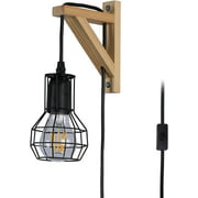 Industrial Plug in Wall Lamp with Small Cage, Retro Wooden Bracket Sconce with Metal Shade, Farmhouse Black Light Adjustable Fixture with Cord Mounted E26 Lighting for Bedroom Living Room(No Bulb)