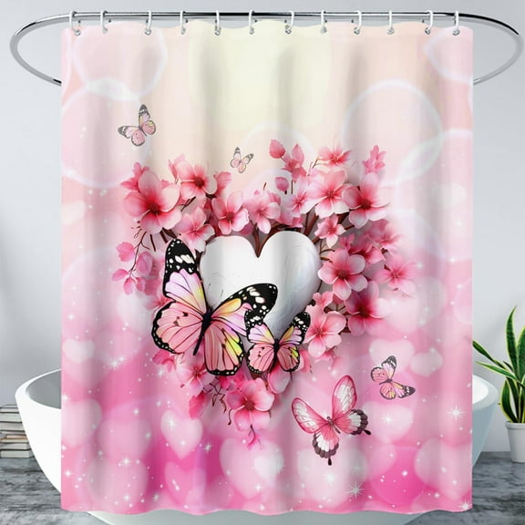 Butterfly Shower Curtain for Bathroom, Pink Cherry Blossom Flower Bath Curtain,Modern Printed Decorative Curtain Polyester Waterproof 72" W*72" H (12 Plastic Hooks)
