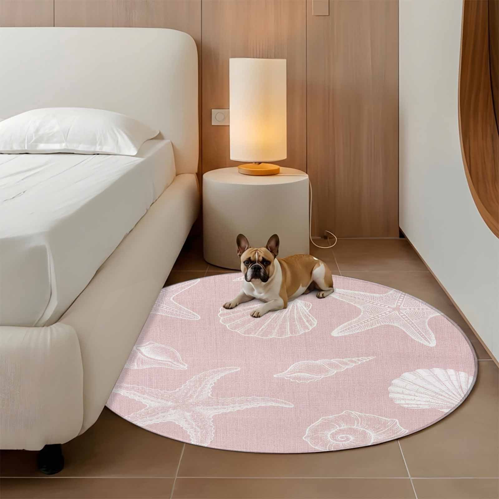 Marine Life Round Area Rug 7Ft Washable Circle Rugs for Dorm Laundry Room, Summer Ocean Starfish Conch Seashell Pink Non-Slip Carpet Floor Mats Indoor Outdoor Carpet Runner Aesthetic Home Decor