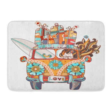 Decorating Ideas For Front Door KDAGR Doodle Outline Retro Bus Travel Decorated Ornaments Front View Zen Floral Sketch for Tattoo Printboho Doormat Floor Rug Bath Mat 23.6x15.7 inch ()