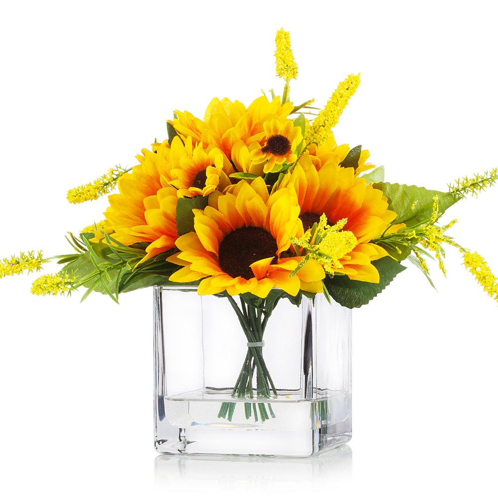 Enova Home Artificial Silk Sunflower Arrangement in Clear Glass Vase