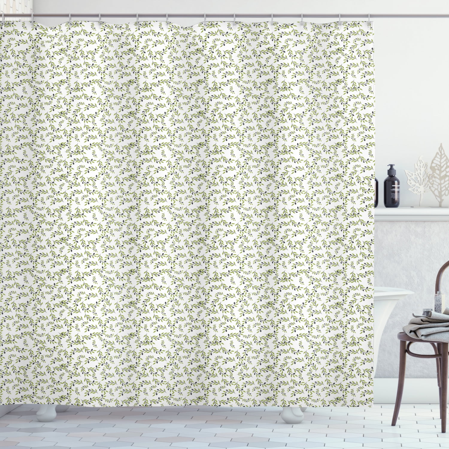 Olive Shower Curtain, Branches and Leaves Botanical Elementsizing Peace