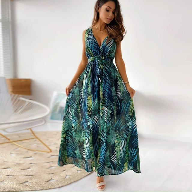 DPTALR Femmes V-Cou Sleexeless Print Ouvert Dos Casual Licol Mi-Mollet Longue Robe