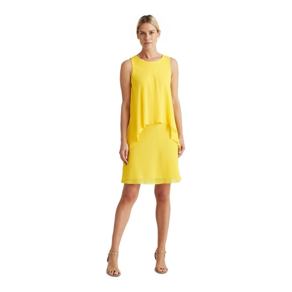 LAUREN RALPH LAUREN Womens Yellow Zippered Tiered Sleeveless Jewel Neck Above The Knee Shift Dress 12