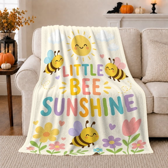 Playful Little Bee Sunshine Garden, Playful Botanical Garden Scene, Warm Flannel Blanket for Sunroom and Reading Nook, Garden Lovers Housewarming Gift, Celestial Home Decor