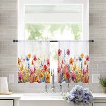 Sheer Curtains 54 inches Long, Red Pink and Yellow Poppy Oil Painting Floral Light Filtering Sheer Window Curtains Rod Pocket Voile Drapes for Bedroom Living Room, 52"W x 54"L 2 Panels