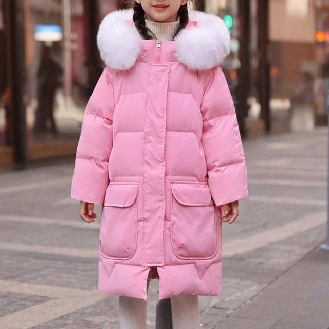 Parkas de manga larga para niños, de invierno, de color liso, gruesas, rellenas de plumón, resistentes al viento y cálidas, con capucha, chaqueta de longitud media, con cuello grande, para niñas, part