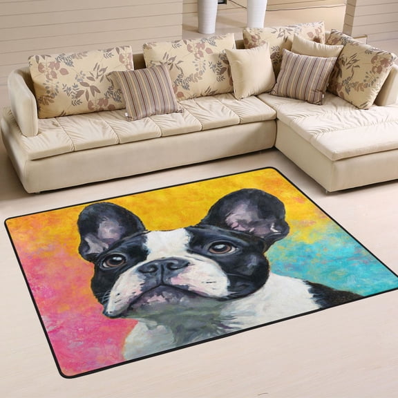 Area Rugs 36"x24" Indoor Non-Slip Wear Resistant Floor Mats Soft Large Carpets for Living Room Bedroom Home Decor Washable Rug Rainbow French Bulldog Canvas