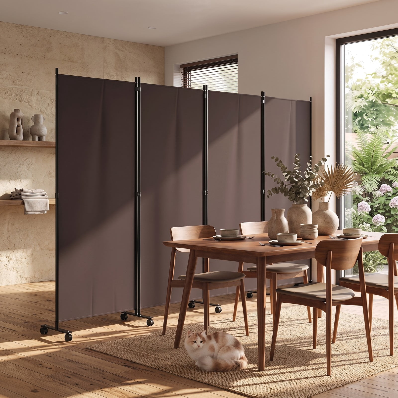 ALPULON 4 Panel Folding Privacy Screen Room Divider with Universal Wheels, Portable Freestanding Polyester Fabric Partition Panel for Bedroom Living Room Office, Brown