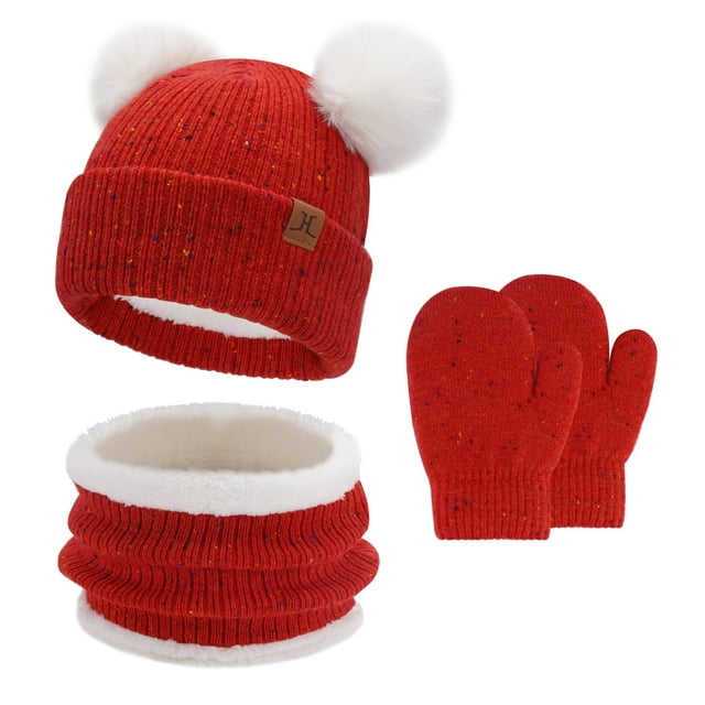 FZ FANTASTIC ZONE Toddler Kids Winter Hats Touchscreen Gloves Scarfs Set Pompom Beanie Caps Neck Warmer with Fleece for 5-8 Years Old Baby Girls Boys Gifts, Gloves, Red