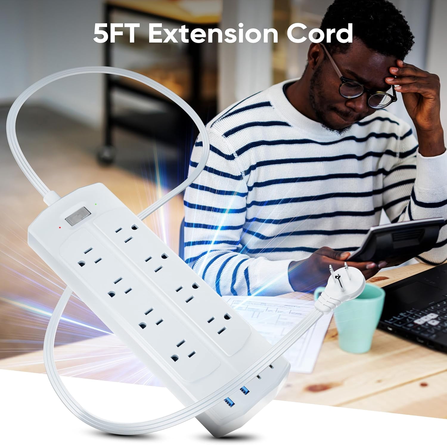 Surge Protector , Flat Plug Extension Cord with 8 AC Outlets & 4 USB Ports (2 USB-C), 5 FT Power Cord, 1200 Joules, Wall Mount, Desk Charging Station for Home Office, White