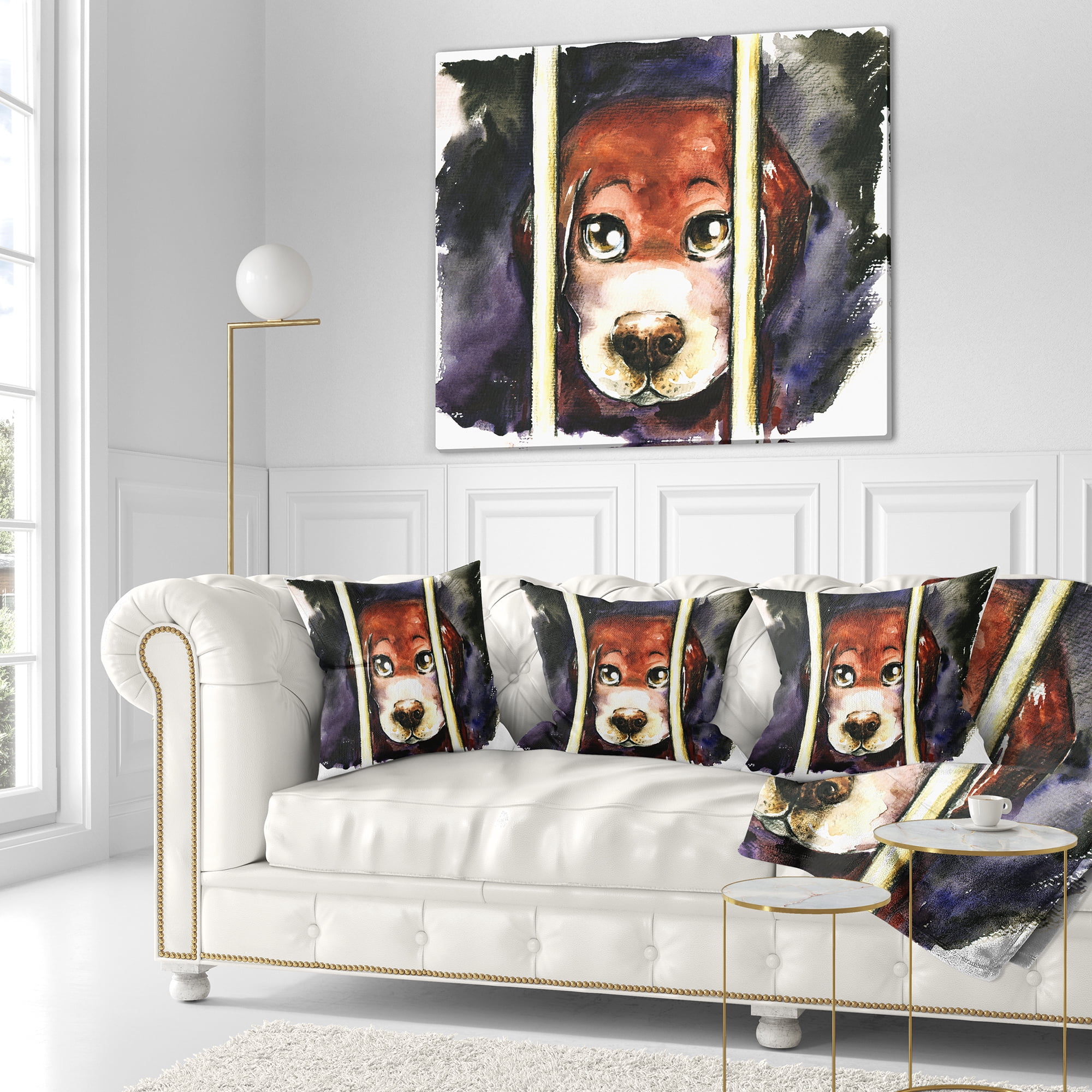 Designart Sad Dog in Animal Shelter - Abstract Throw Pillow - 18x18