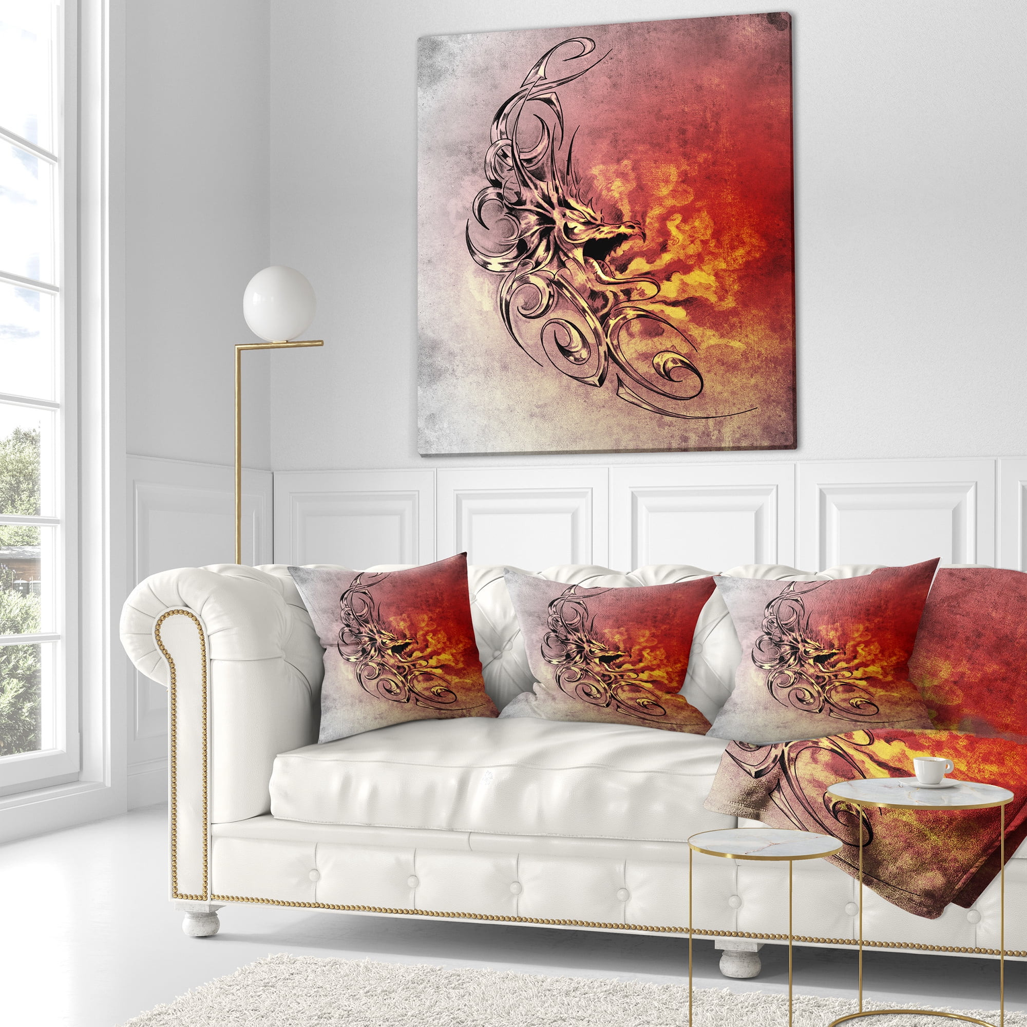 Designart Medieval Dragon Tattoo Sketch - Abstract Throw Pillow - 16x16
