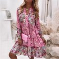 thumbnail image 6 of Women's Long Sleeve Dress Print A-line Elegant Pleated Casual Beach Skater Dress Flared Sleeve V-Neck Midi Dresses, 6 of 9