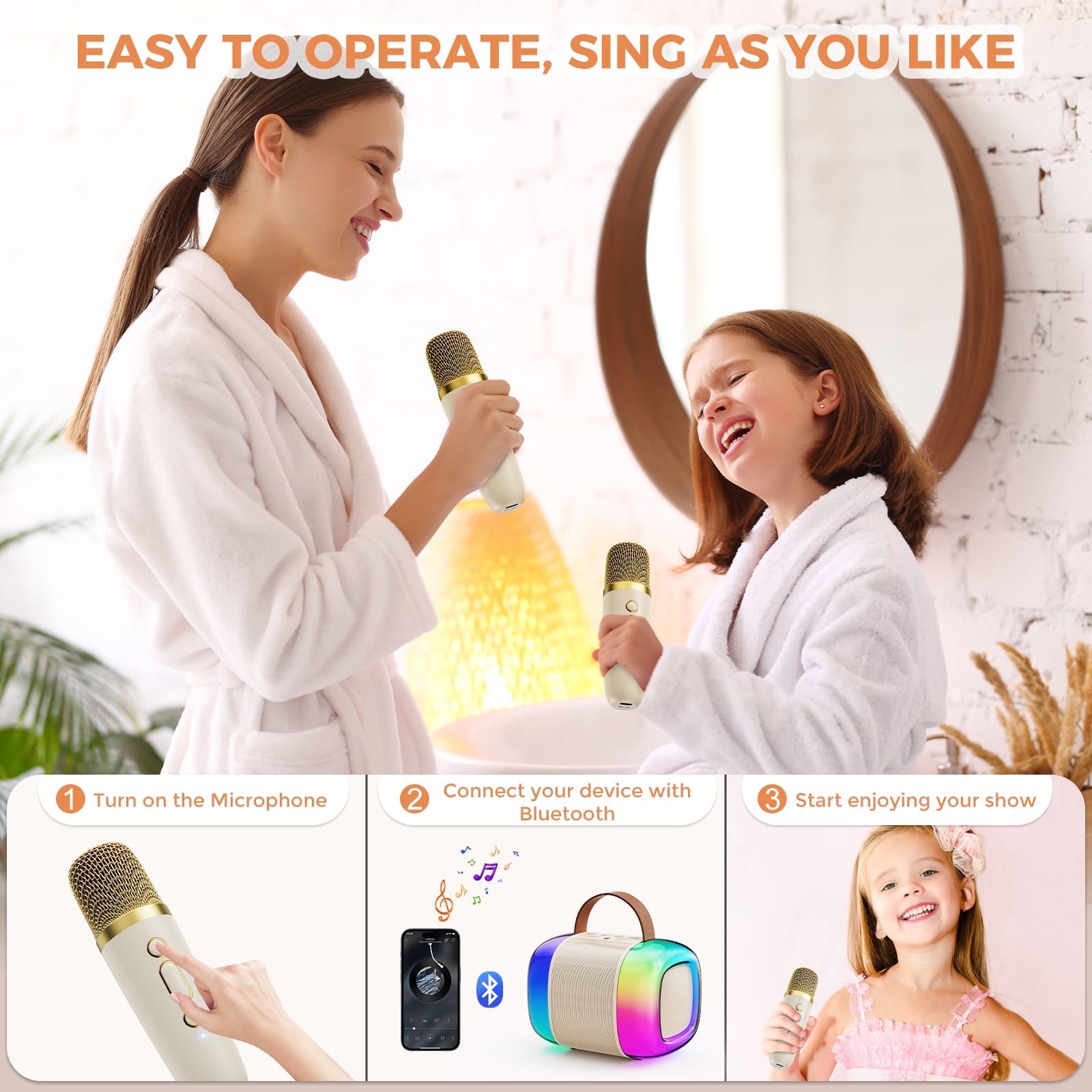 FanFun Karaoke Machine with Colorful LED Lights for Adults Kids, Bluetooth 5.3 Portable Karaoke Speaker with Wireless Mic for Party, Ideal Gifts for Girls/ Boys, D33 (Beige-1MIC)