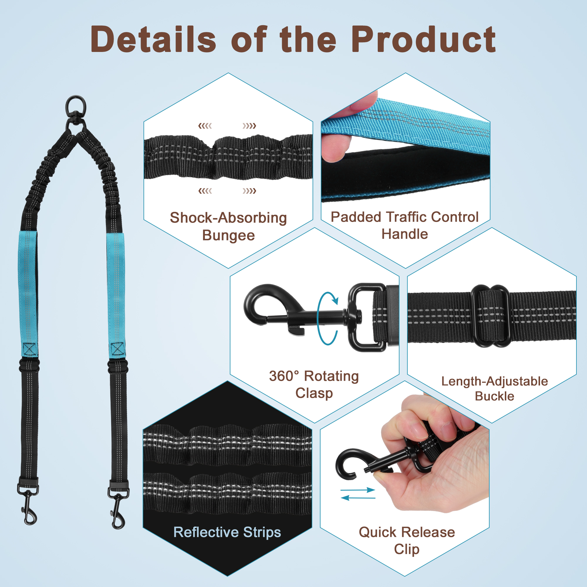 Unique Bargains Adjustable Dog Leash No Tangle Dual Leash for Two Dogs Sky Blue