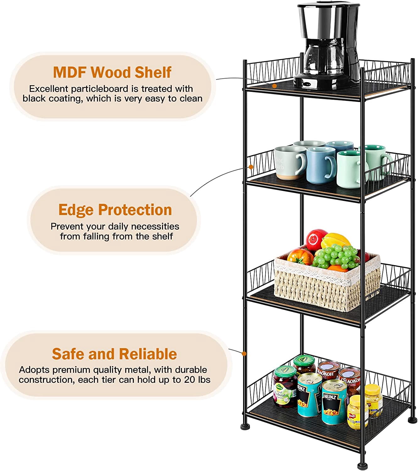 4 Tier Bathroom Storage Rack Metal Shelving Unit Organizer with Wood Shelves, Black