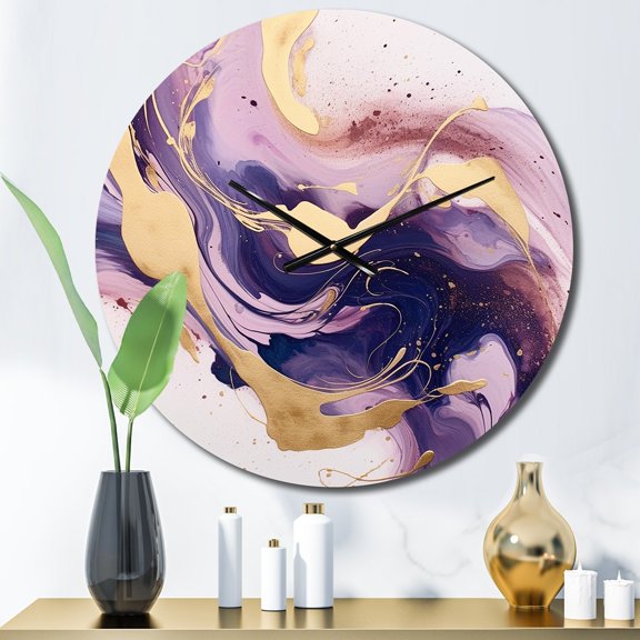 Designart "Strokes in Purple and Gold I" Fractals Oversized Wall Clock