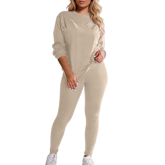 TrendOFT Summer Lounge Sets for Women 2 Piece Casual Jogger Workout Outfits Long Sleeve Tops Long Pant Sweat Suit Leggings Set Khaki M