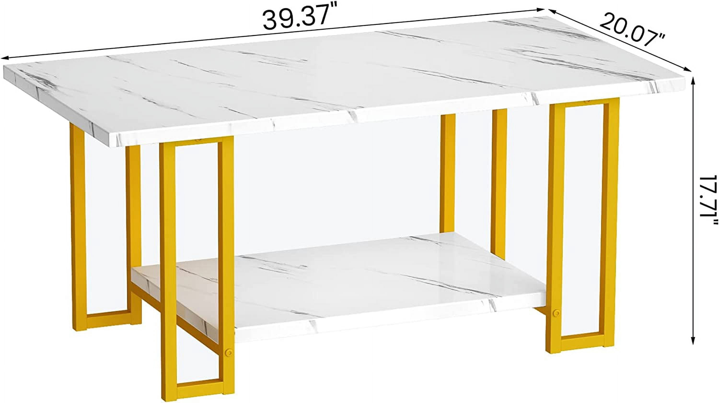 MIERES Coffee Table, Modern Faux Marble Top Coffee Table with Metal Frame and Storage Shelf, 2-Tier Rectangle Accent Cocktail Table for Living Room, Office, White Gold