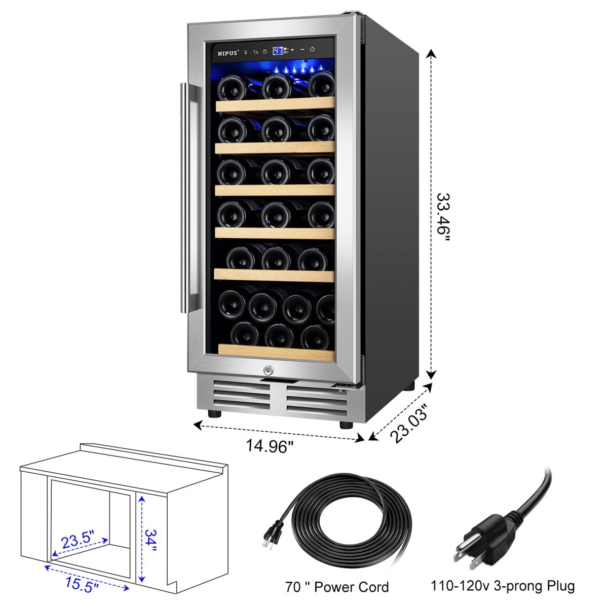 15 Inch 30 Bottle Wine Refrigerator Mini Wine Cooler Built-in and Freestanding with Built-In Light