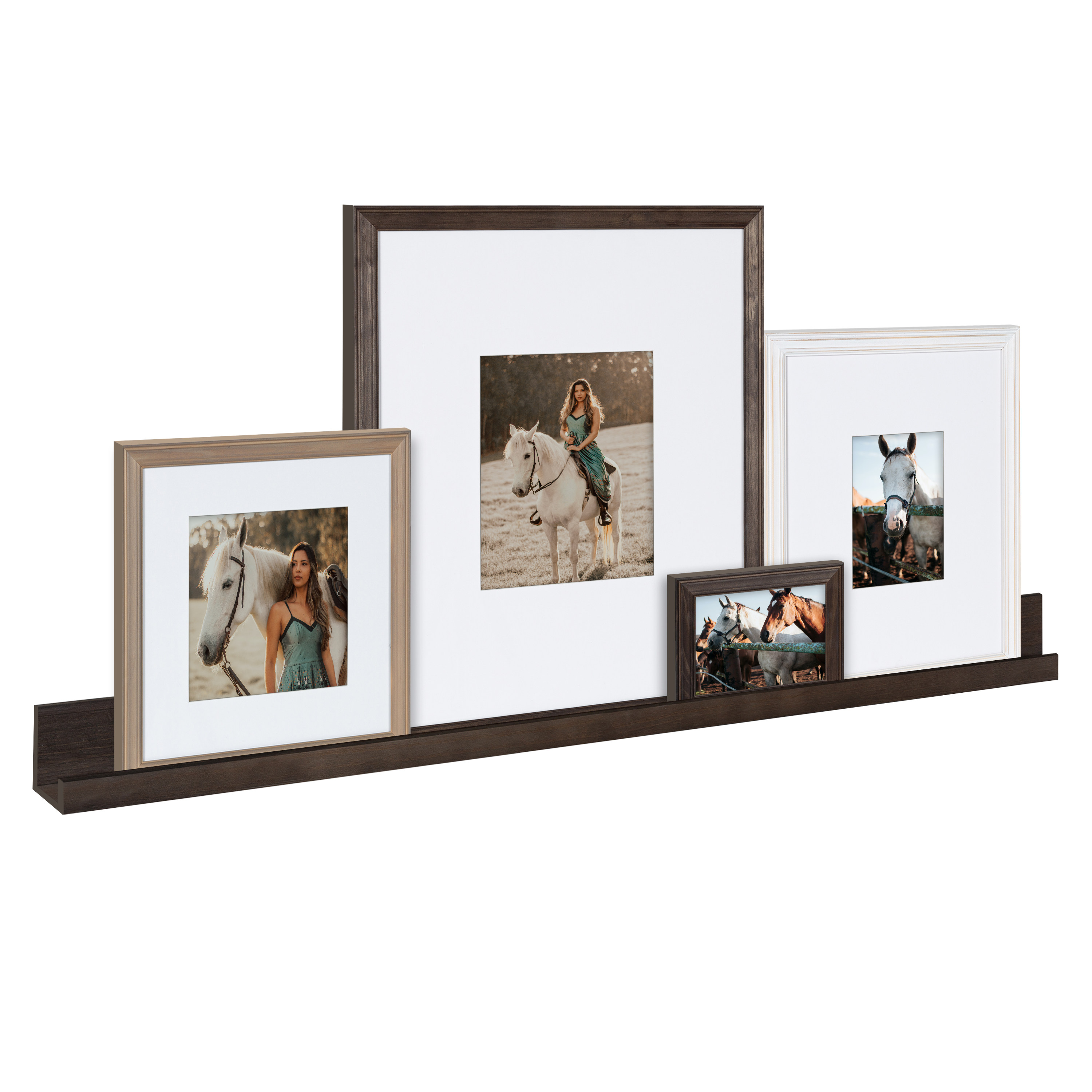 Kate and Laurel Bordeaux Gallery Wall Frame and Shelf Kit, Set of 5, Multiple Finishes, Assorted Size Wooden Frames and Display Shelf