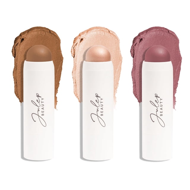 Julep Skip the Brush Barra de color 3 en 1 para ojos, mejillas y labios, trío de color malva apagado, bronce neutro, brillo transparente