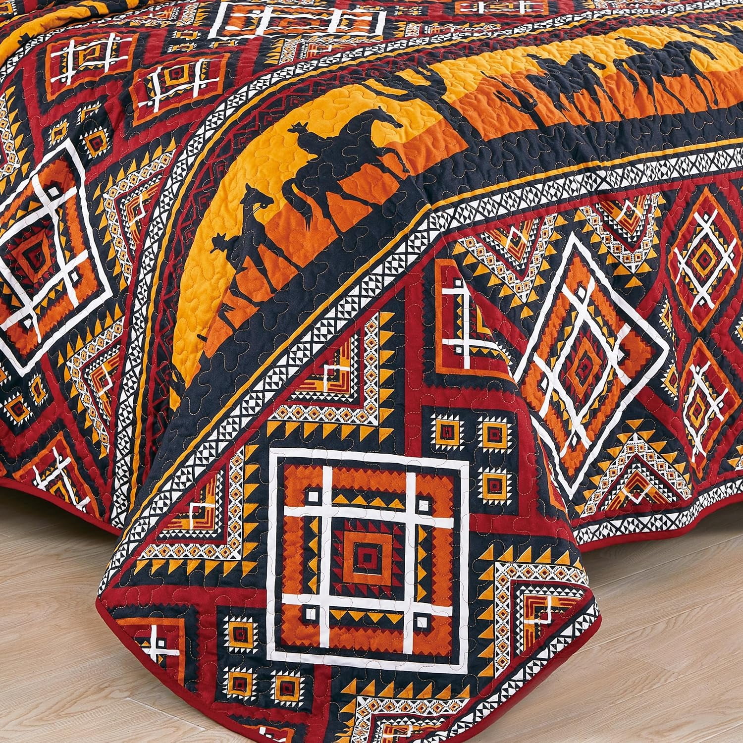 Chezmoi Collection Rodeo 2-Piece Southwestern Sunset Cowboys Quilt Set Twin, Multicolor Red Orange Black White Printed Microfiber Lightweight Bedspread Set for All season