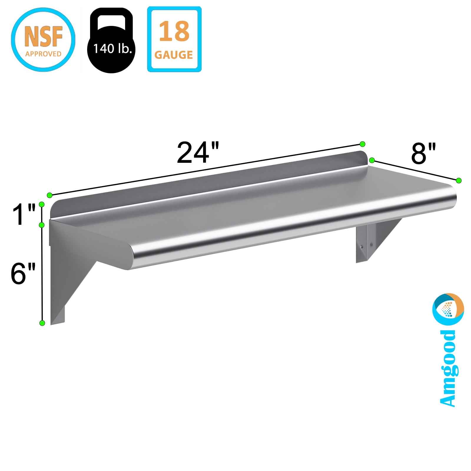 AmGood 8 in. x 24 in. Stainless Steel Wall Shelf | NSF Certified | Appliance & Equipment Metal Shelving | Kitchen, Restaurant, Garage, Laundry, Utility Room