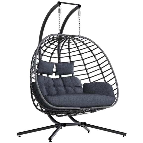 Double Egg Chair Outdoor With Stand, Patio Hanging Swing For 2 Adults, Grey