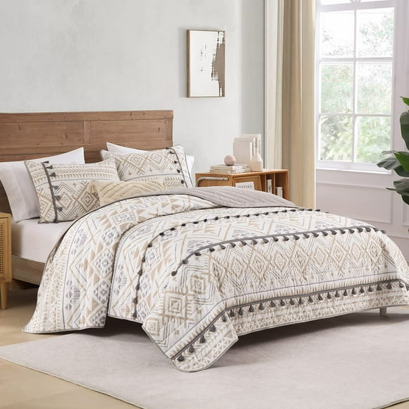 HORIMOTE HOME Ensemble de Courtepointe Très Grand Beige Style Bohème avec Couvre-Lit Doux et Léger à Franges pour Toutes les Saisons, Couvre-Lit Format Double avec 2 Taies d'Oreiller Assorties (3 Pcs)