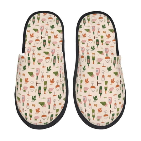 Balery Wine Bottles With Grapes Slient Indoor Furry Fleece Comfort House Shoes Soft Non-Slip Home Shoes Cotton slippers House Slippers-- Medium