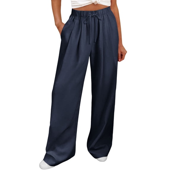 Stamzod Palazzo Pants for Woman Casual Flowy Wide Leg Pants Summer Beach Trousers with Pockets Vacation Outfits Navy S
