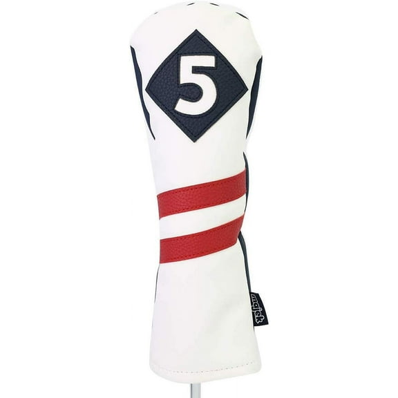Majek Retro Golf Headcover White with Red Stripe Vintage Leather Style #5 Fairway Wood Head Cover Classic Look