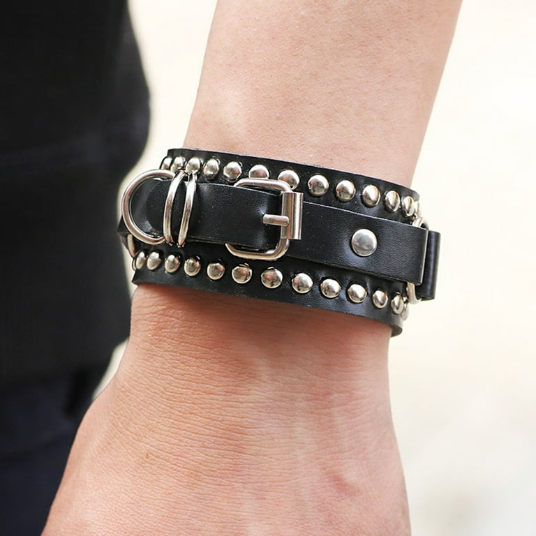 TRINGKY Punk Black Cuff Wrap Leather Studded Bracelet Wristband Metal Rivets Stud Bangle for Women Men Rock Gothic Jewelry