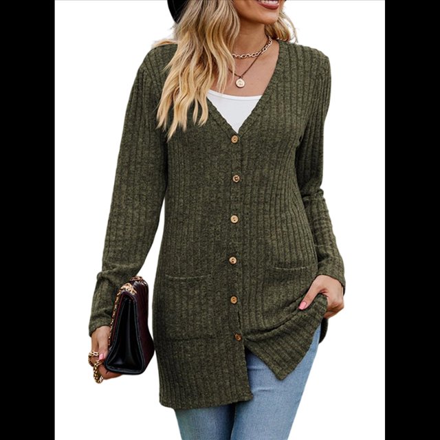 Cárdigan de Punto Suave para Mujer, Moda Otoño 2025, Abrigo de Larga Abierto con Bolsillos. Verde L