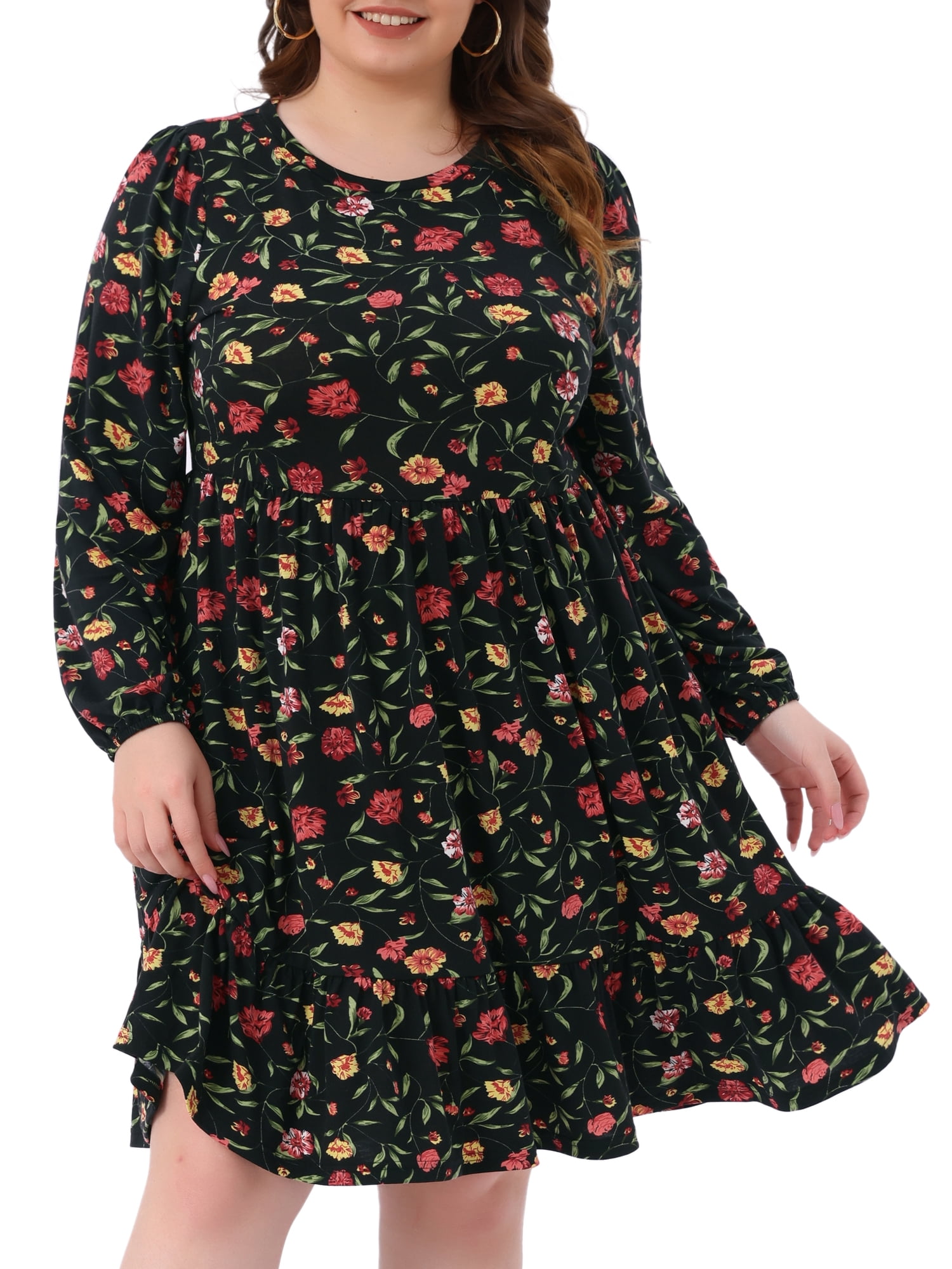 DARING DIVA Plus Size Long Sleeve Pleated Tiered Floral Dress 3X Black