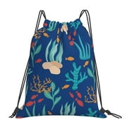 TEQUAN Drawstring Backpack Sports Gym Sackpack, Ocean Plants Seaweeds Corals Prints Polyester Water Resistant String Bag for Women Men