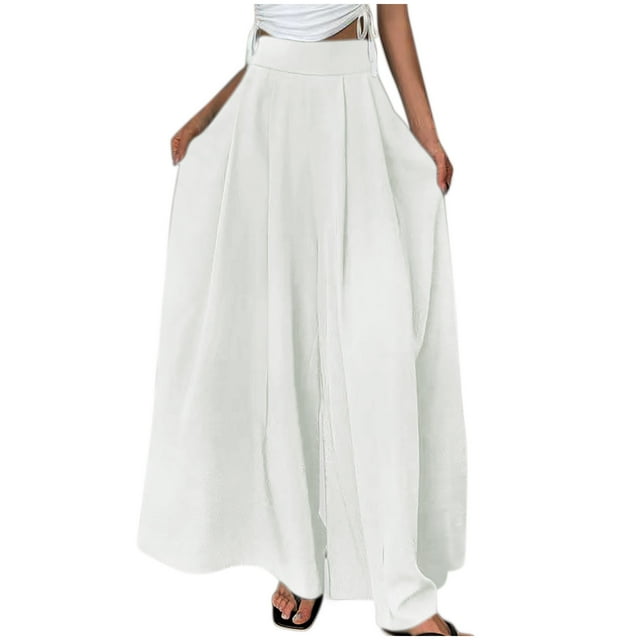 ohmzyzo Ladies' Casual Loose Solid Color Wide Leg Pleated High Waisted Pants