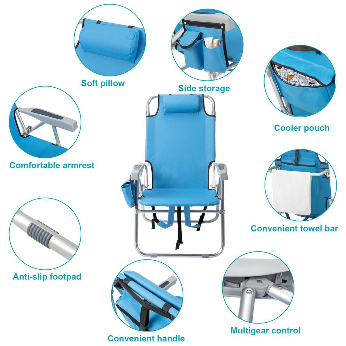 63*70*99cm Heightened Oxford Cloth Silver White Aluminum Tube Bearing 100kg Beach Chair with Cup Holder Storage Pouches Blue