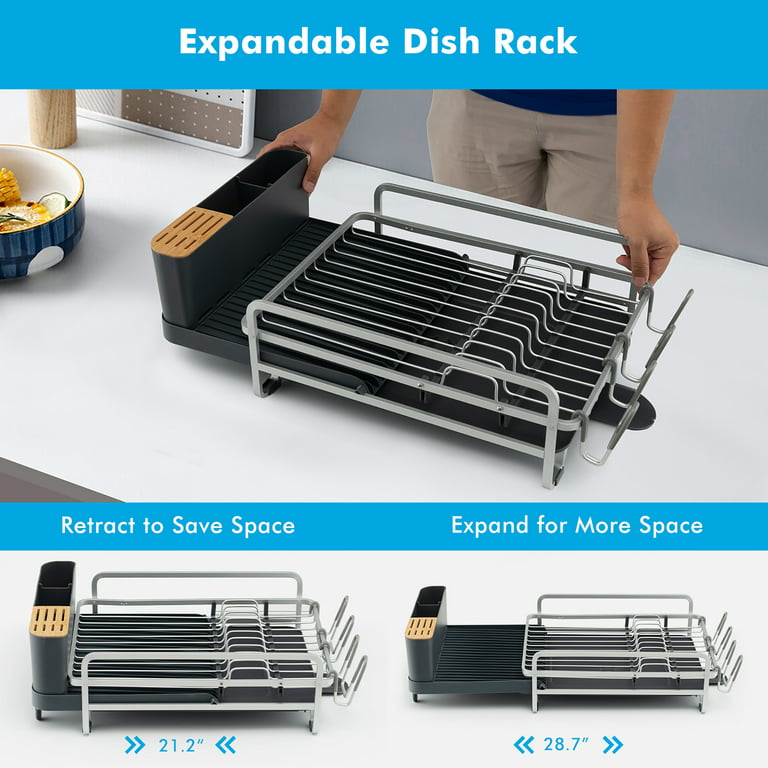 Aluminum Expandable Dish Drying Rack w/ Drainboard & Rotatable Drainage  Spout