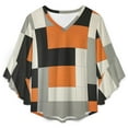 thumbnail image 4 of Beige And Black And Orange Squares Women's V-Neck Blouse With 3/4 Ruffled Bell Sleeves Casual Top Ladies Blouses, 4 of 7