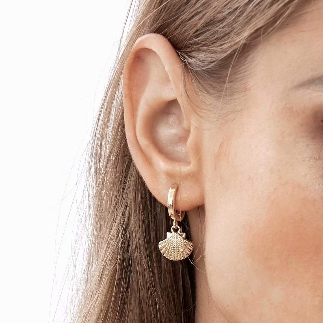 Turandoss Huggie Hoop Earrings for Women 14K Gold Plated Dainty Cubic Zirconia Sea Shell Charm Dangle Hypoallergenic Jewelry Mothers Day Birthday Gifts for Women Teen Girls