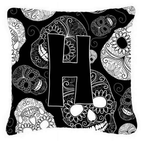 Letter H Day Of The Dead Skulls Black Canvas Fabric Decorative Pillow
