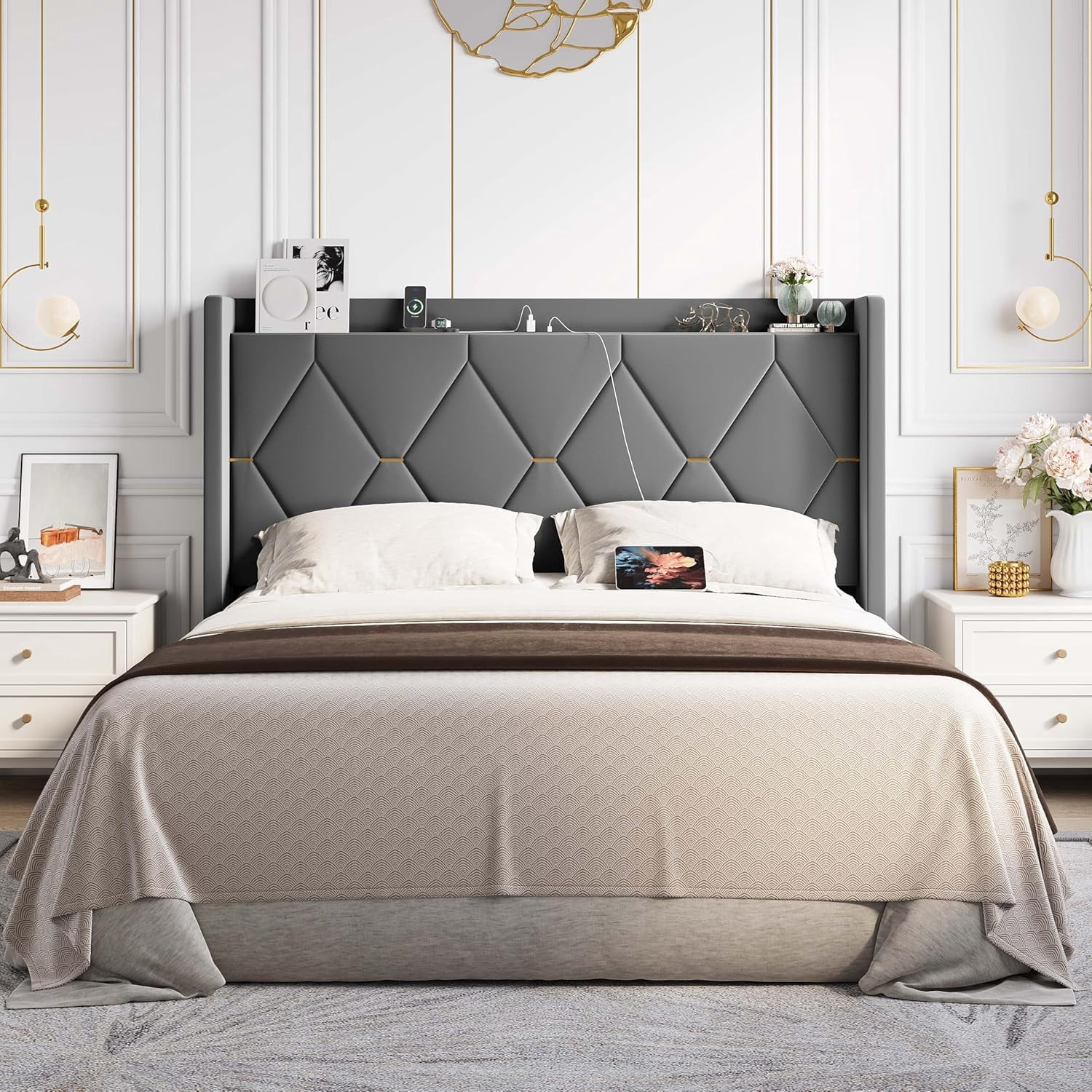Allewie Velvet Queen Size Upholstered Bed Frame with Wingback Storage Headboard & Charging Station, Platform Bed with Diamond Tufted Design & Gold Trim, No Box Spring Needed, Easy Assembly, Grey